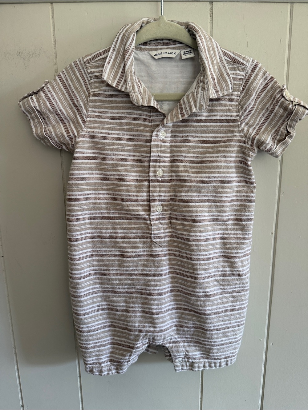 Janie and Jack Striped Polo One-Piece 12-18 Months Coastal Neutral Linen Cotton